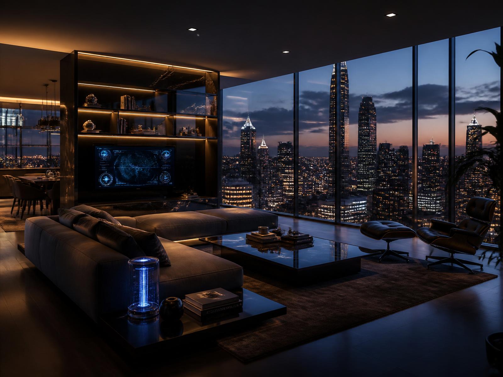Apartamento moderno com vista urbana ao entardecer